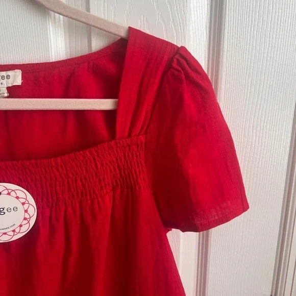 New Umgee USA Red Short Sleeve Smocked Square Neckline Blouse Top Cotton - Picture 4 of 9